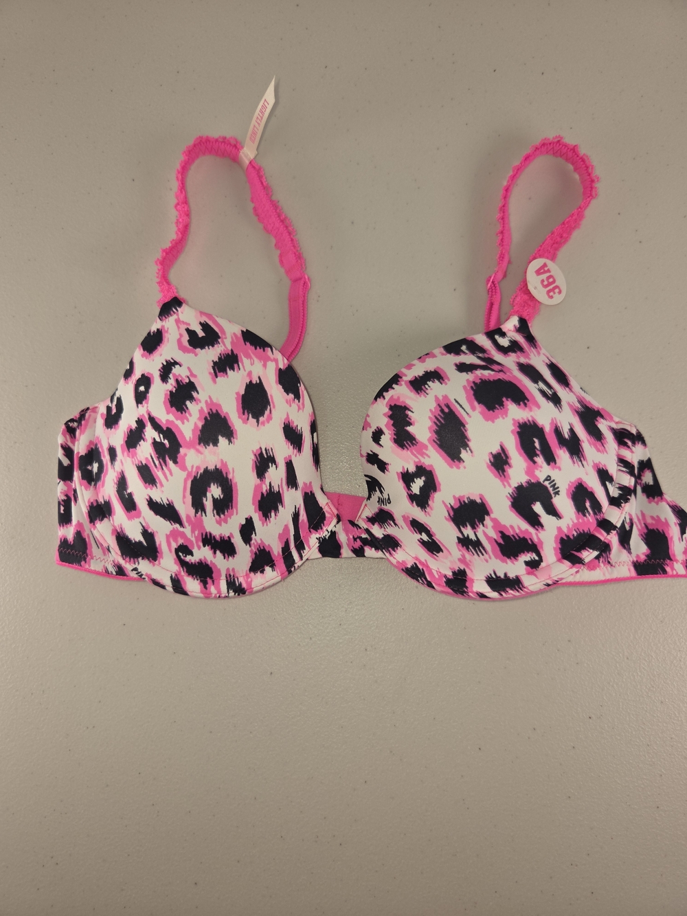 NWT PINK Victoria's Secret Hot Pink, Black & White Leopard Print Bra 36A
